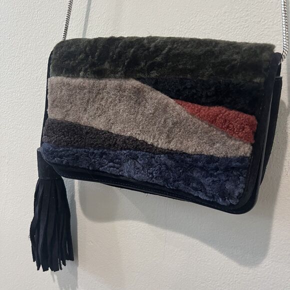 All Saints Purse Bando Shoulder Crossbody Shearling Bag Colorblock‎ Tassel - Picture 2 of 9